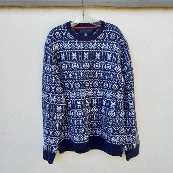 Tommy Hilfiger Blue & White Lambswool Blend Fair Isle Sweater Size XL Apres Ski - Picture 11 of 14
